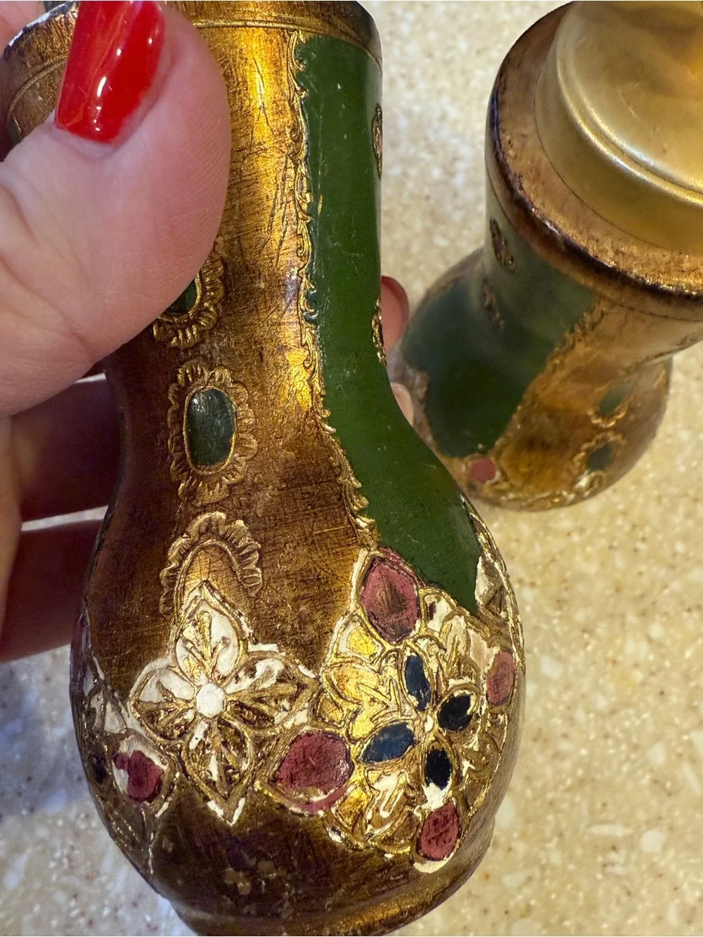Ornate Green & Gold Decorative Salt and Pepper Shakers - Elegant Table Accent